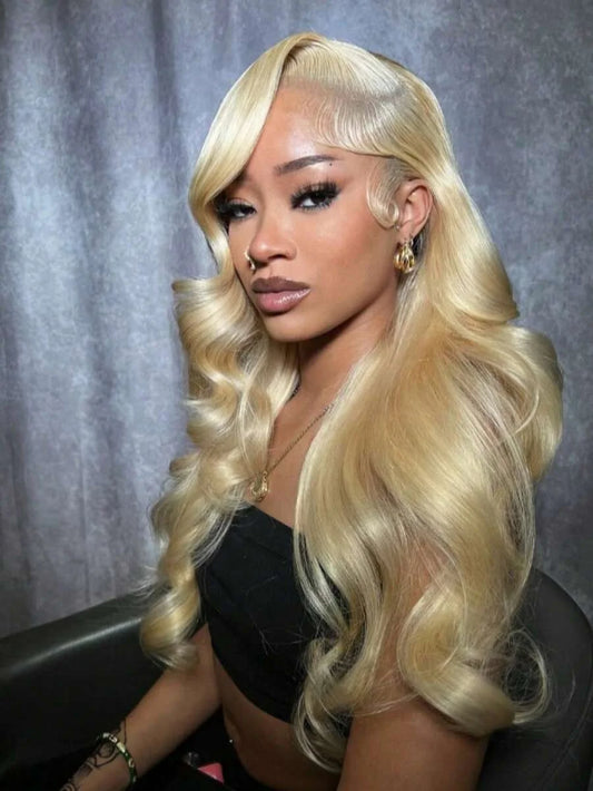 Blonde Selvanelle 613 human hair body wave lace front wig with 13x6 lace, natural hairline, baby hairs, 250 density for women