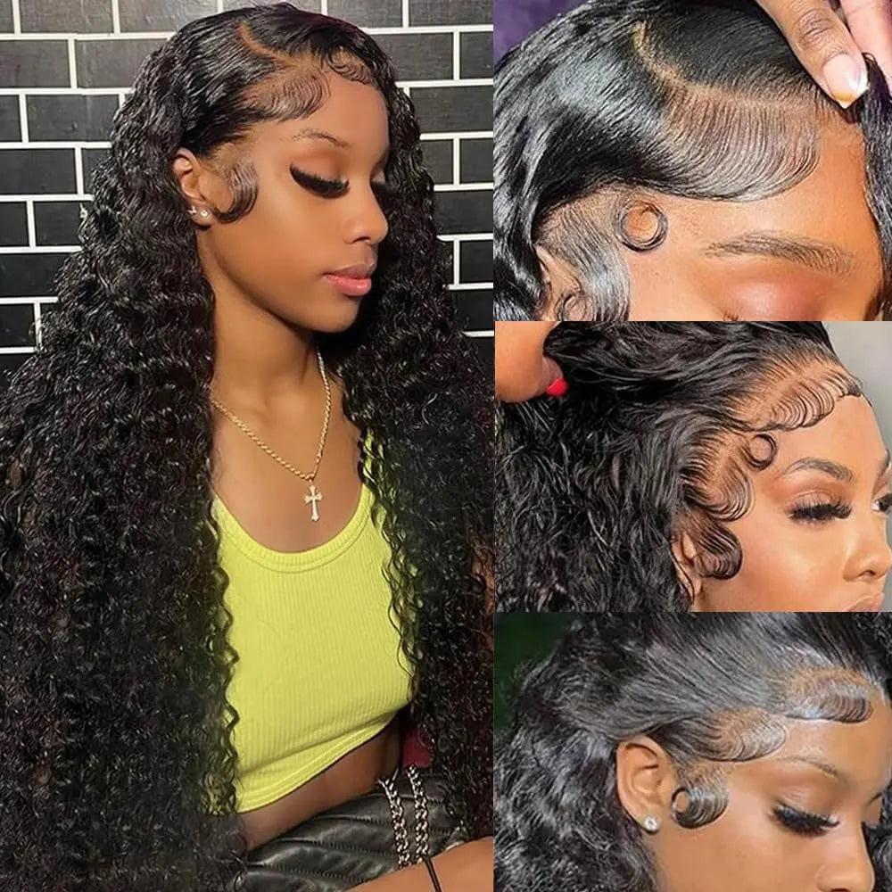 Selvanelle 40-inch deep wave human hair wig with HD lace frontal, high density, natural real hair, tangle-free, for women.