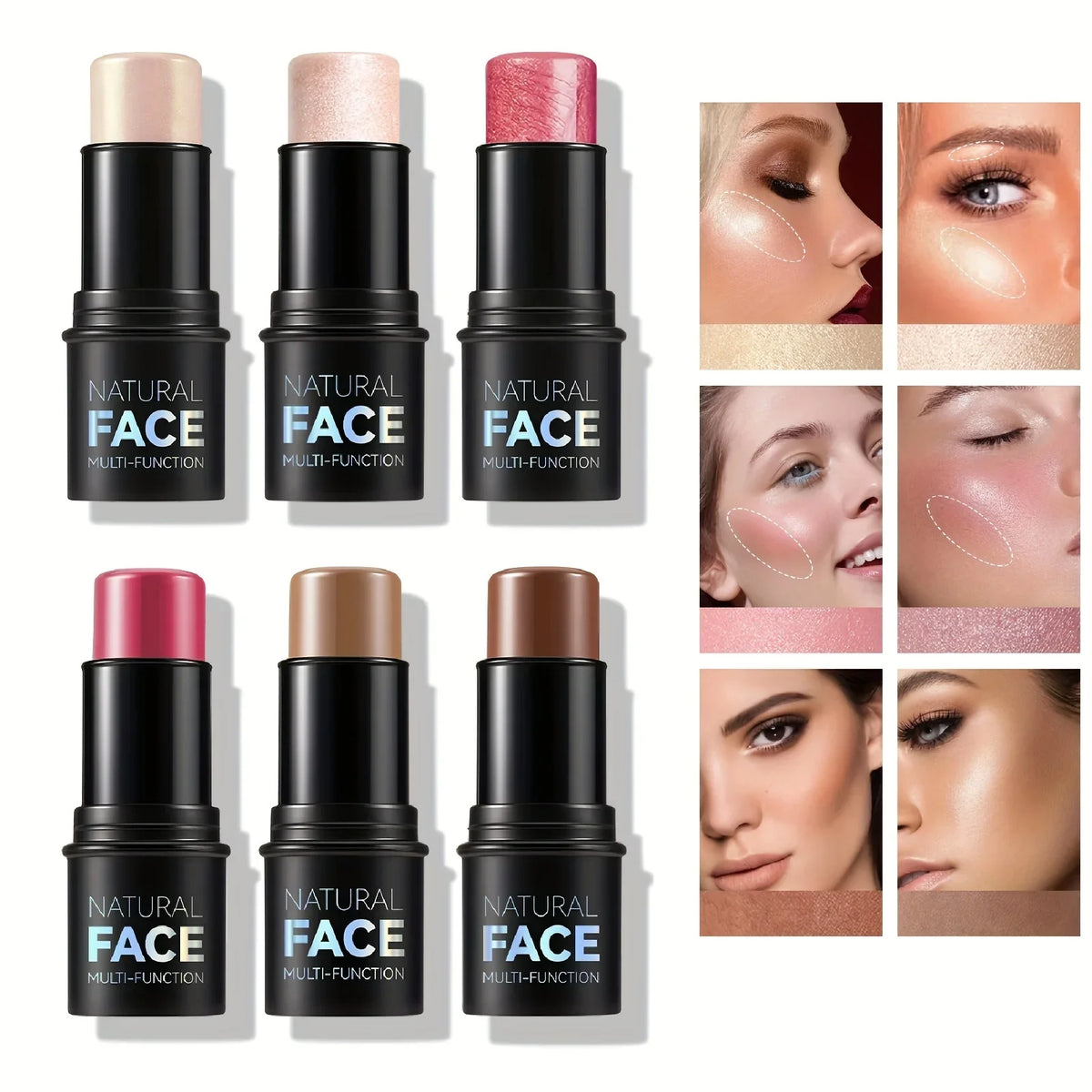 Blushimmer cream contour sticks with highlighter, bronzer, and blush in a non-greasy, water-resistant face contouring pen.