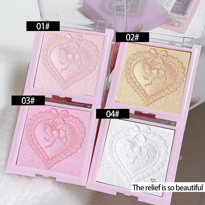 Blushimmer Love Angel high gloss powder highlighter and bronzer palette with peach and glitter shades for face and body.