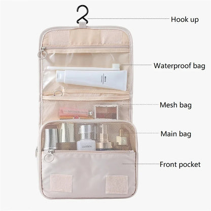 Large capacity Blushimmer travel cosmetic bag with hanging hook, waterproof toiletry washbag, female bathroom storage, makeup case.