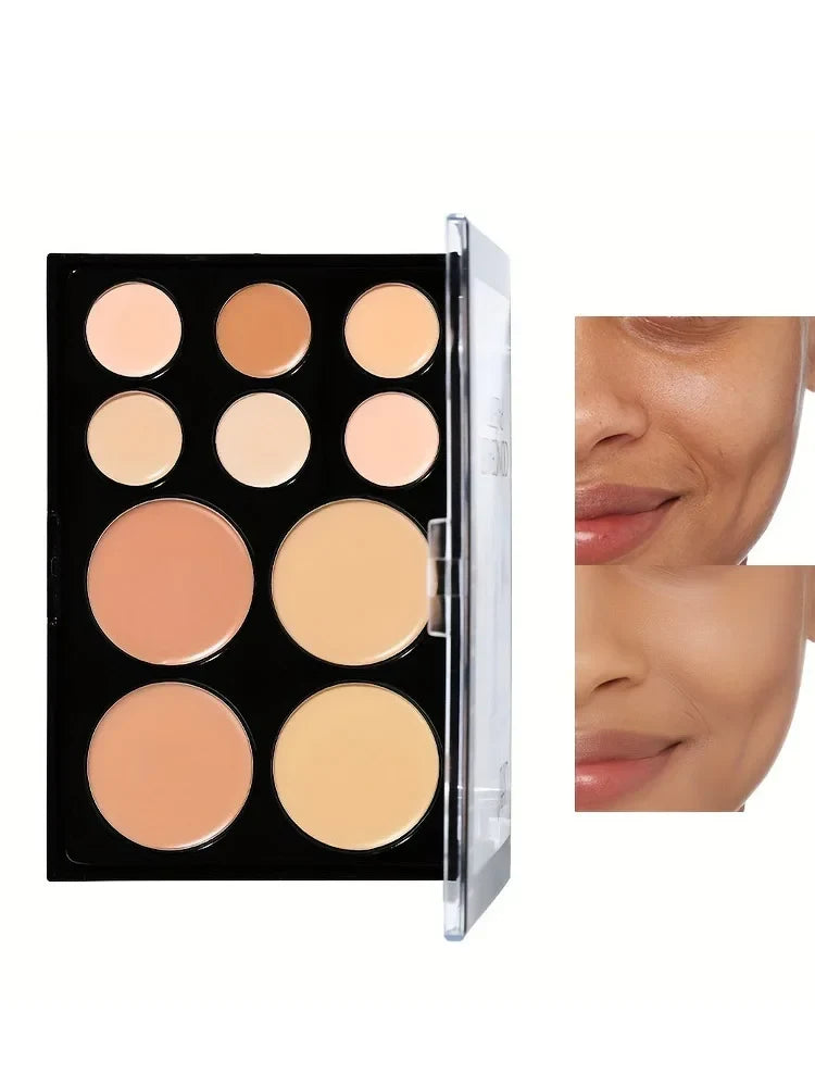 Blushimmer 10-color concealer palette with matte shades for dark circles, contouring, and covering imperfections in a compact cream form.