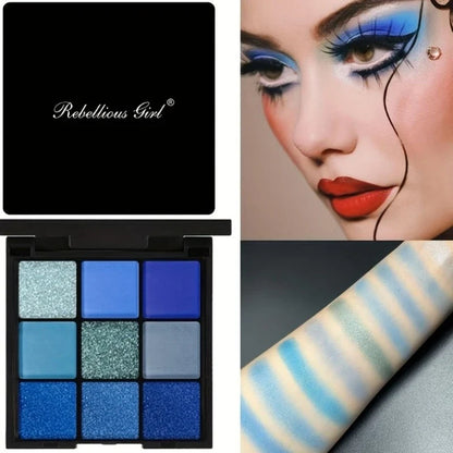 Blushimmer 9-color eyeshadow palette with bright matte, metallic, shimmer, and glitter shades for waterproof, long-lasting eye makeup.
