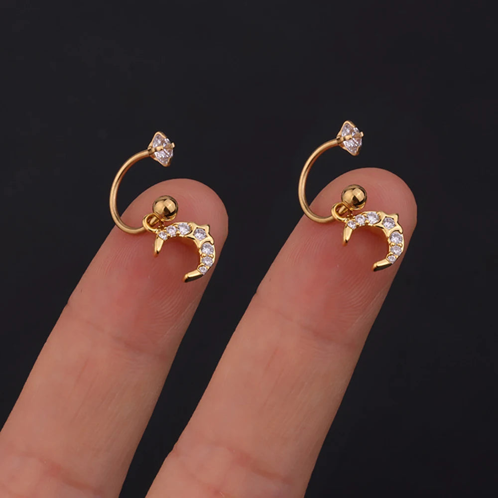 1 Pair Stainless Steel Mini CZ Drop Earring Women Moon Flower Tragus Cartilage Helix Hoop Conch Rook Daith Lobe Piercing Jewelry