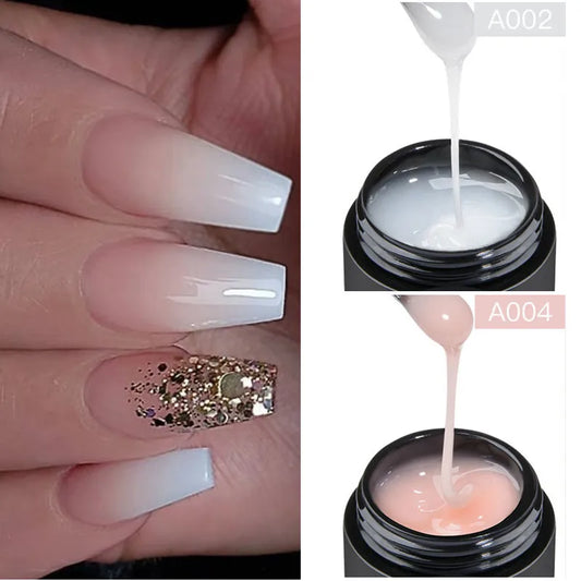 Blushimmer Baby Boomer extension nail gel set with UV builder and ombre design showing extended, camouflaged nails and manicure tools.