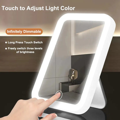 Blushimmer LED vanity mirror with touch screen, USB rechargeable, portable design, 3 brightness levels, available in 3 colors, for makeup.