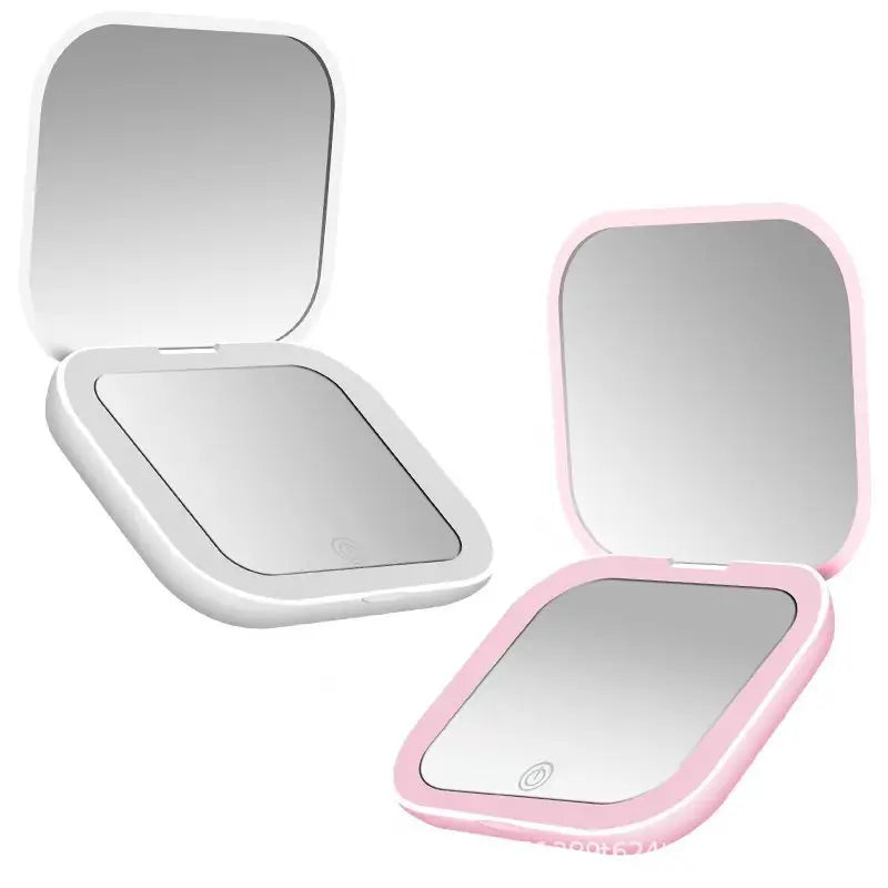 Blushimmer mini portable folding makeup mirror with LED lights, magnifying compact vanity mirror for travel and beauty touch-ups.