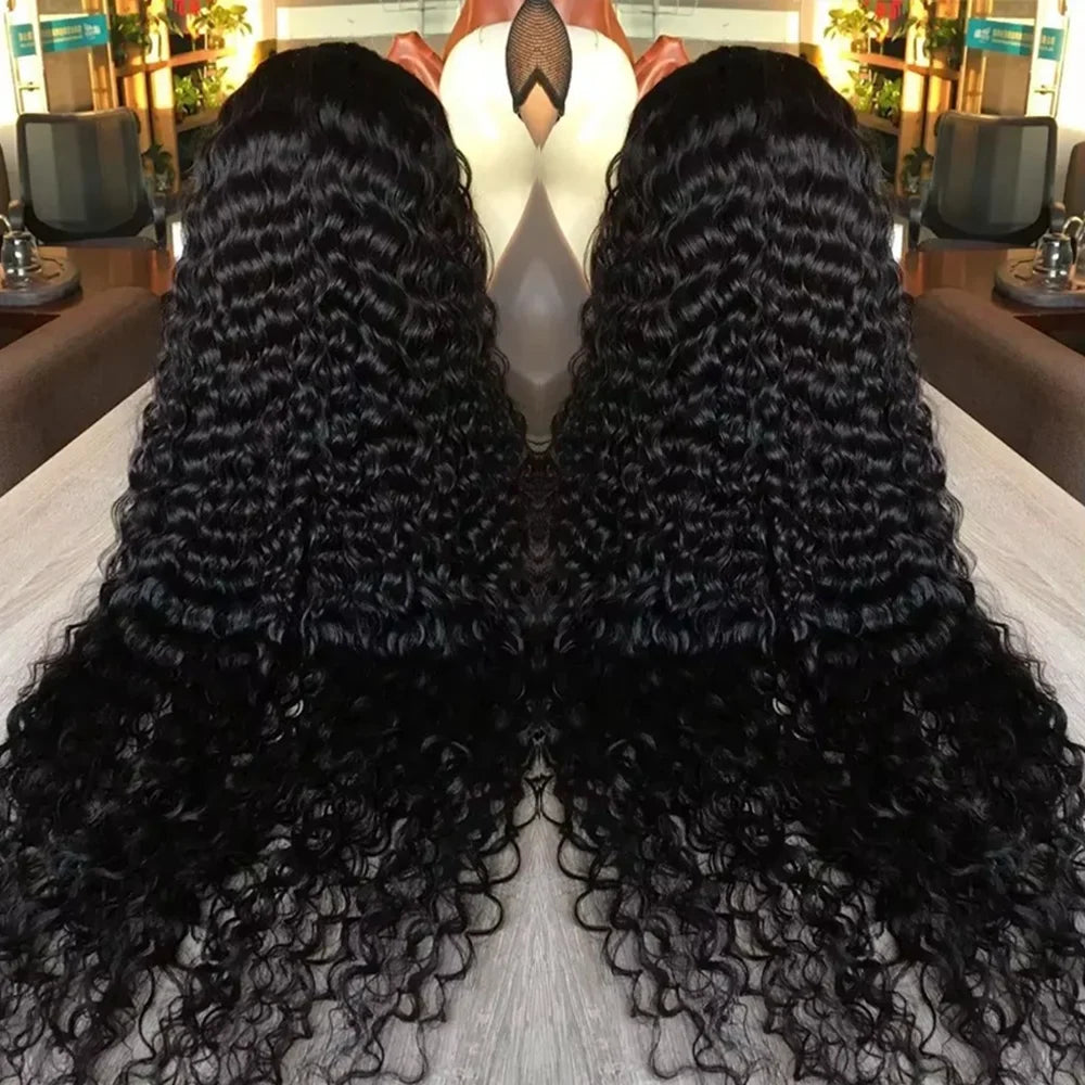 Voluminous 40-inch deep wave human hair wig with HD lace frontal, high density, natural real hair, tangle-free for women.