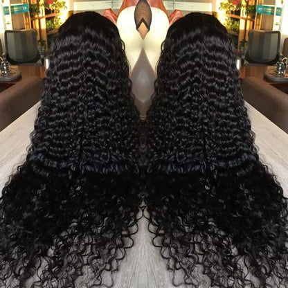 Voluminous 40-inch deep wave human hair wig with HD lace frontal, high density, natural real hair, tangle-free for women.