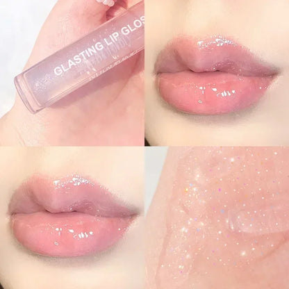 Blushimmer mirror water lip gloss in transparent glass tube, featuring glossy, waterproof, long-lasting liquid lipstick for shiny lips