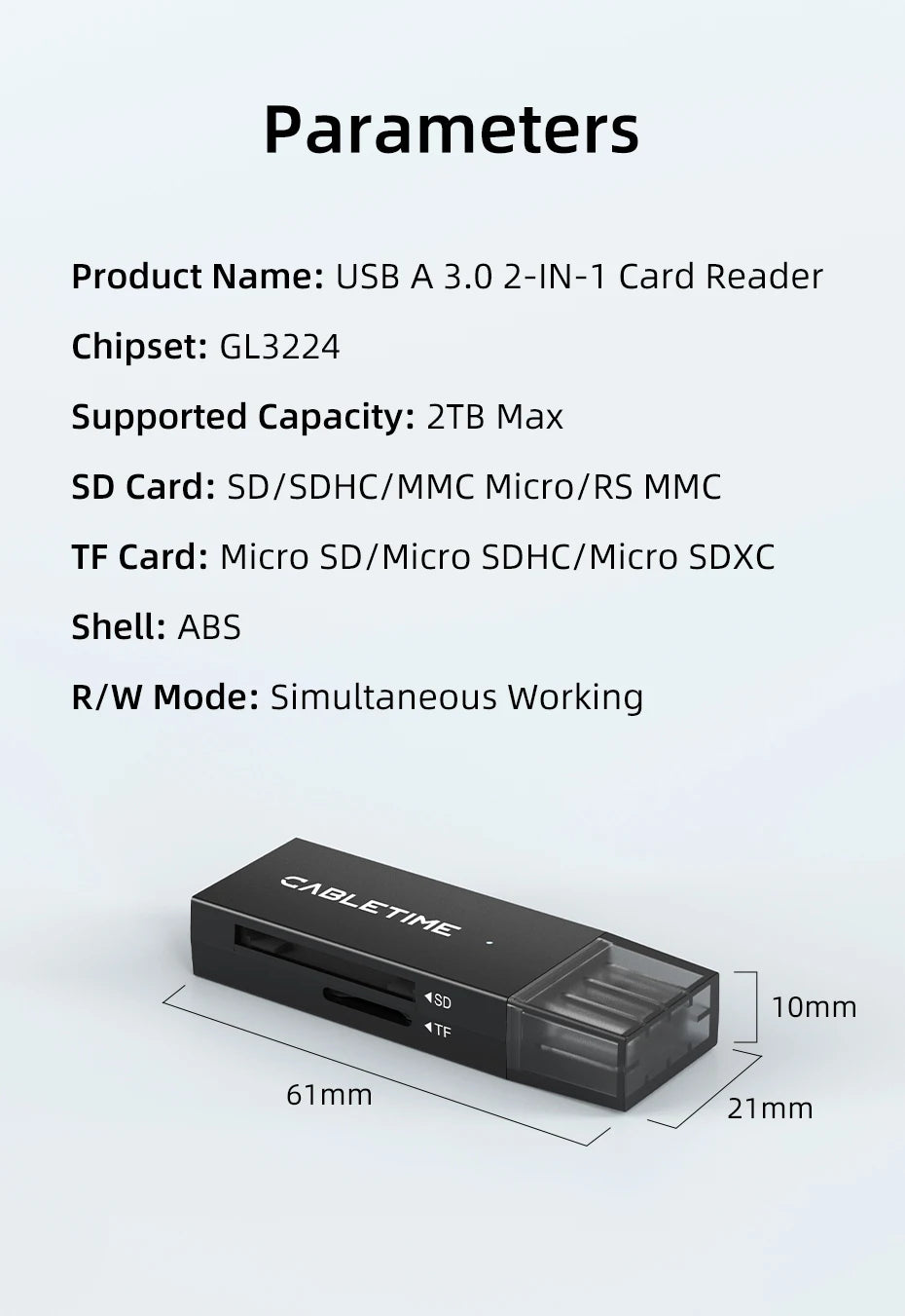 CABLETIME High-Speed Dual-Port Card Reader USB C & USB 3.0 SD Card Reader for Laptop Accessories 104MB/s 5Gbps Card Reader