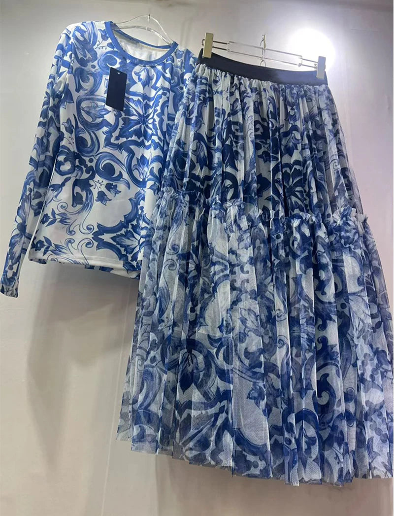 Retro mesh elastic long-sleeved top spring and summer new elastic waist big swing skirt fashion print women's two-piece dress