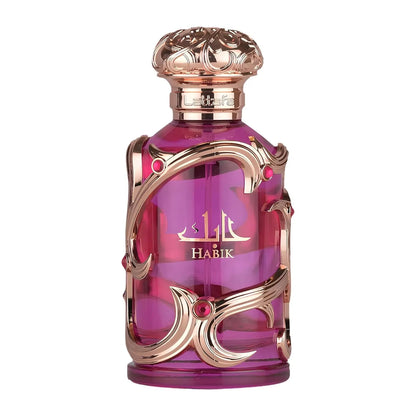 Sebe8c9fe07e44aa086b45b4dab39acc3f: Blushimmer Lattafa Habik Eau de Parfum spray with floral, fruity, musky scent, 3.4 oz/100 ml bottle