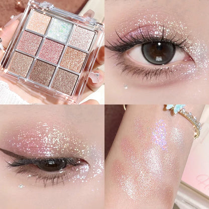 Blushimmer Pearlescent glitter highlighter and smart eyeshadow palette with long-lasting, water-resistant color, featuring shimmering shades.
