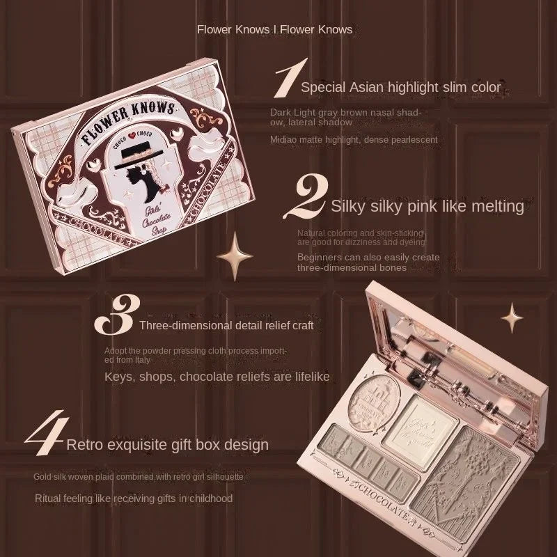 Blushimmer Flower Knows Chocolate Wonder highlighter and contour palette with bronzer and illuminator for women’s makeup application