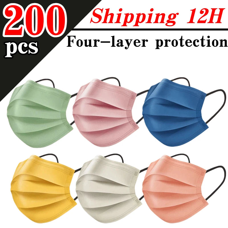 200Pcs 4-Layer Protective Disposable Masks - Breathable and Comfortable, Adjustable Ear Loops and Snugly Fitting Nose Pads, Perfect for Outdoor Activities, Home, Commuting, Office, School, Unisex and High Aesthetic App