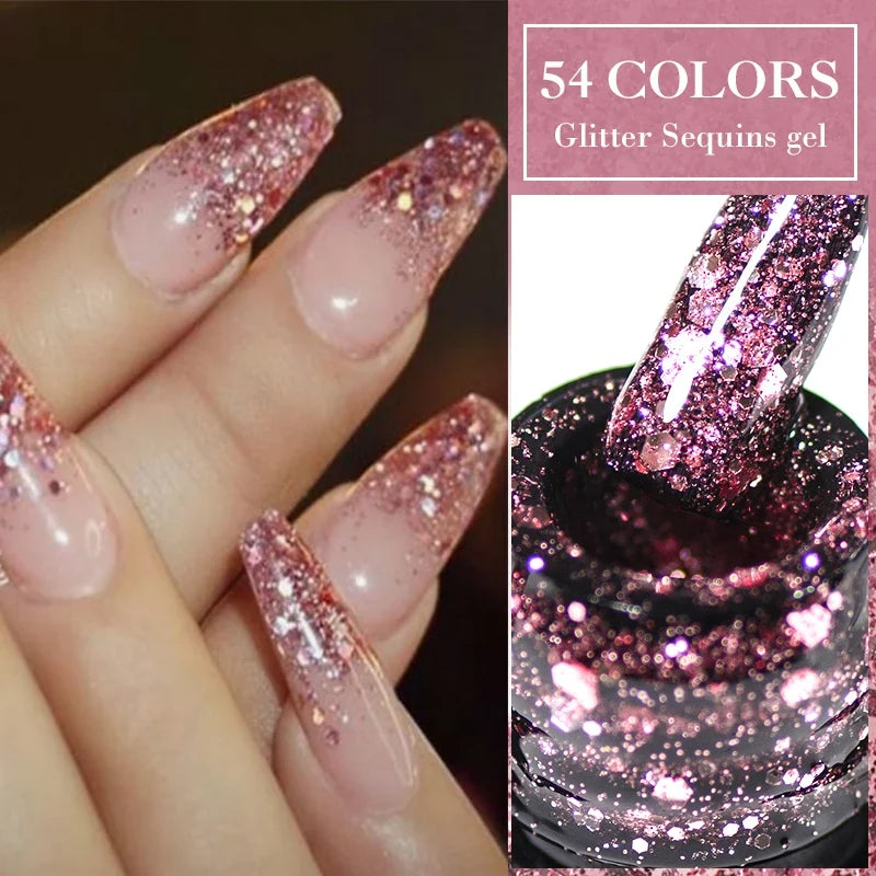 Pink glitter gel nail polish set with sequins, featuring base coat, matte top coat, and soak-off LED UV nail art gel by Blushimmer.