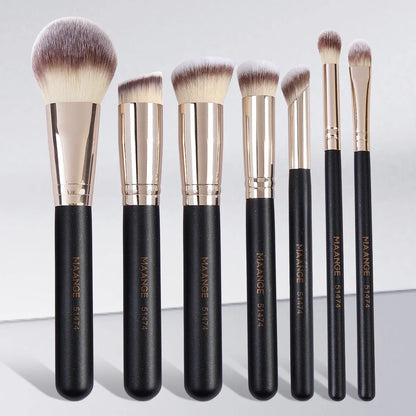 Set of 7 Blushimmer makeup brushes with soft bristles for foundation, powder, concealer, and blush application, displayed on a white background.