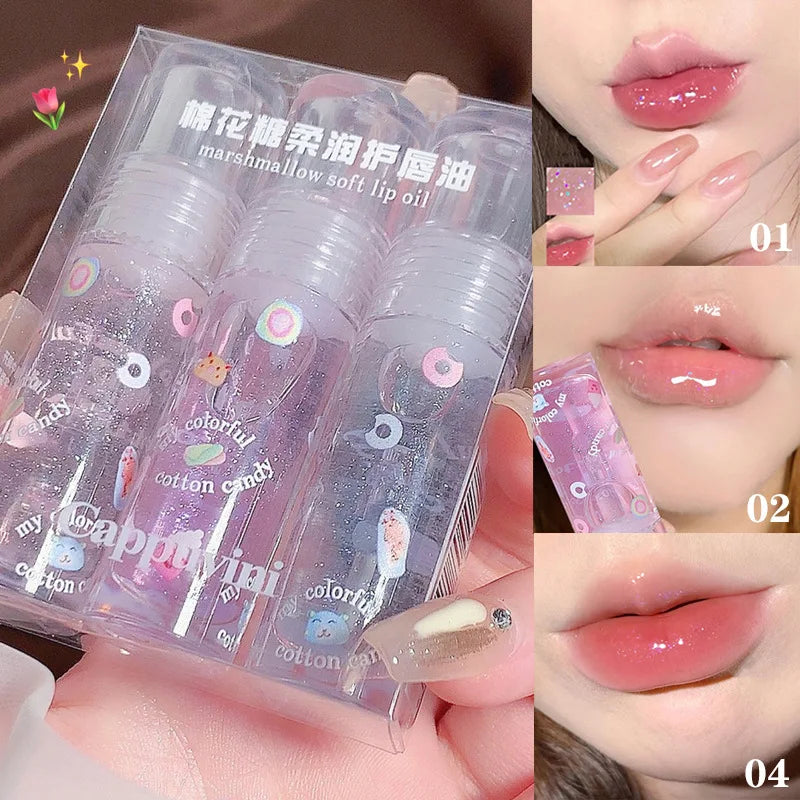 Blushimmer 3-pack transparent glitter lip gloss set with clear water light effects, moisturizing color-changing lip oil and jelly lipsticks.
