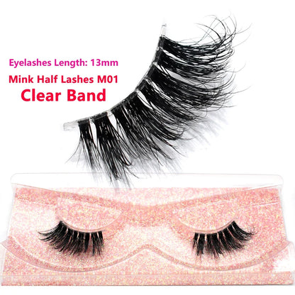 Blushimmer 3D Mink Fluffy Half False Eyelashes with clear band, natural soft lightweight short eye strip lashes, reusable extension