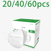 20/40/60pcs white and black 5-layer KN95 masks, with breathable elastic earrings, filtration efficiency of 95%, dustproof