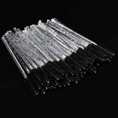 50-pack disposable eyelash brushes with crystal diamond handles for mascara application and eyelash extensions by Blushimmer.