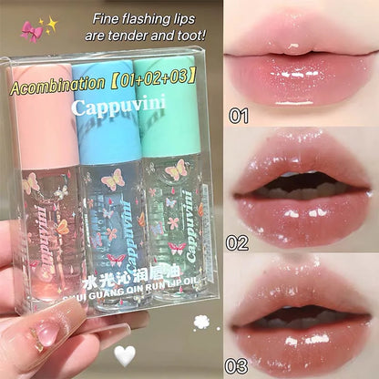 Blushimmer moisturizing shimmer lip gloss with hydrating jelly texture and mirror-like shine, displayed in a sleek tube.