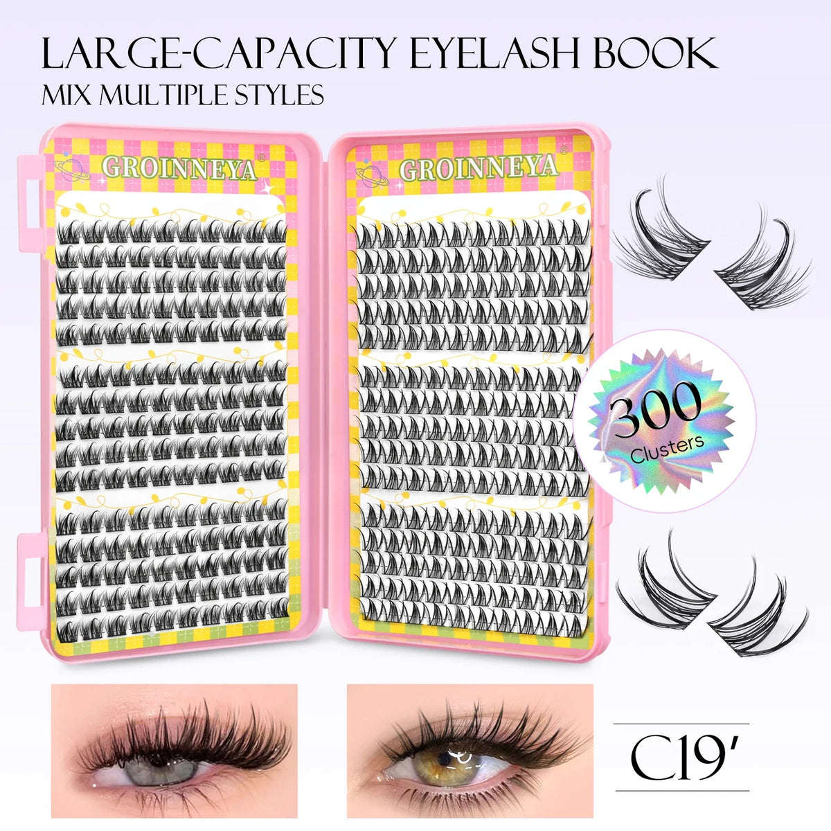 Blushimmer GROINNEYA eyelash clusters, 320 pcs natural eyelash extension volume tray with mixed cluster lashes for volume.