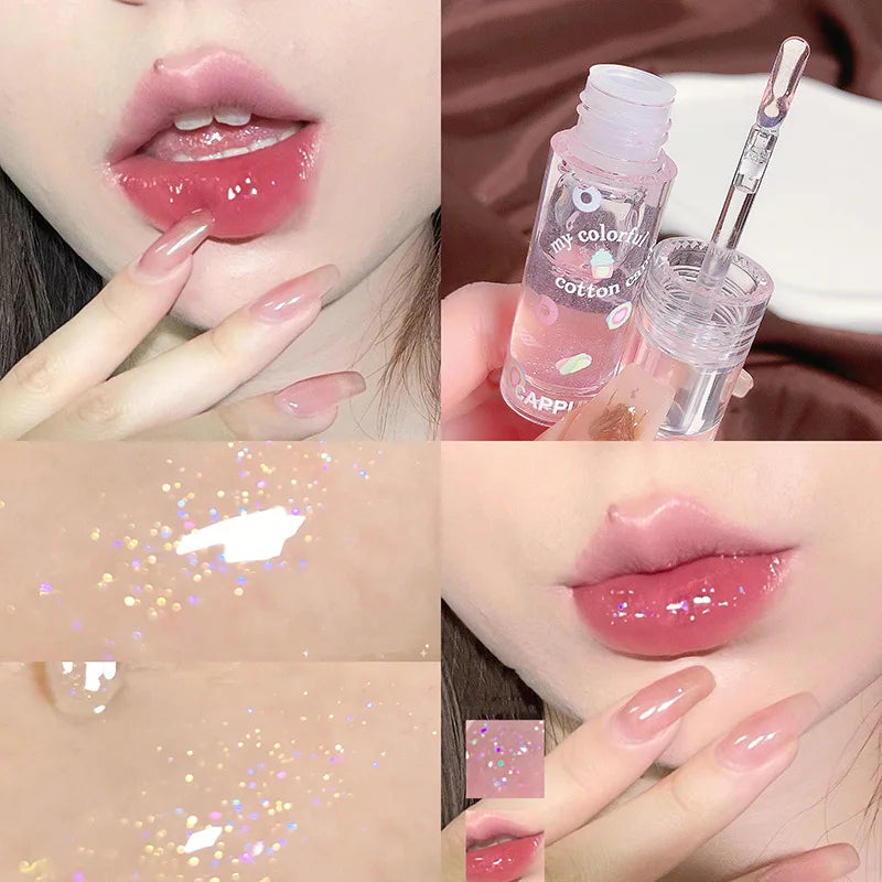 Blushimmer 3-piece transparent glitter lip gloss set with clear water light lip glaze, color-changing lip oil, and jelly lipsticks.