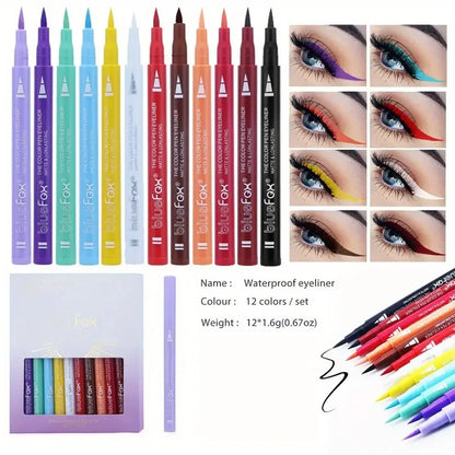 12-color waterproof liquid eyeliner and face paint pen set by Blushimmer with vibrant colors and precise applicator tips.