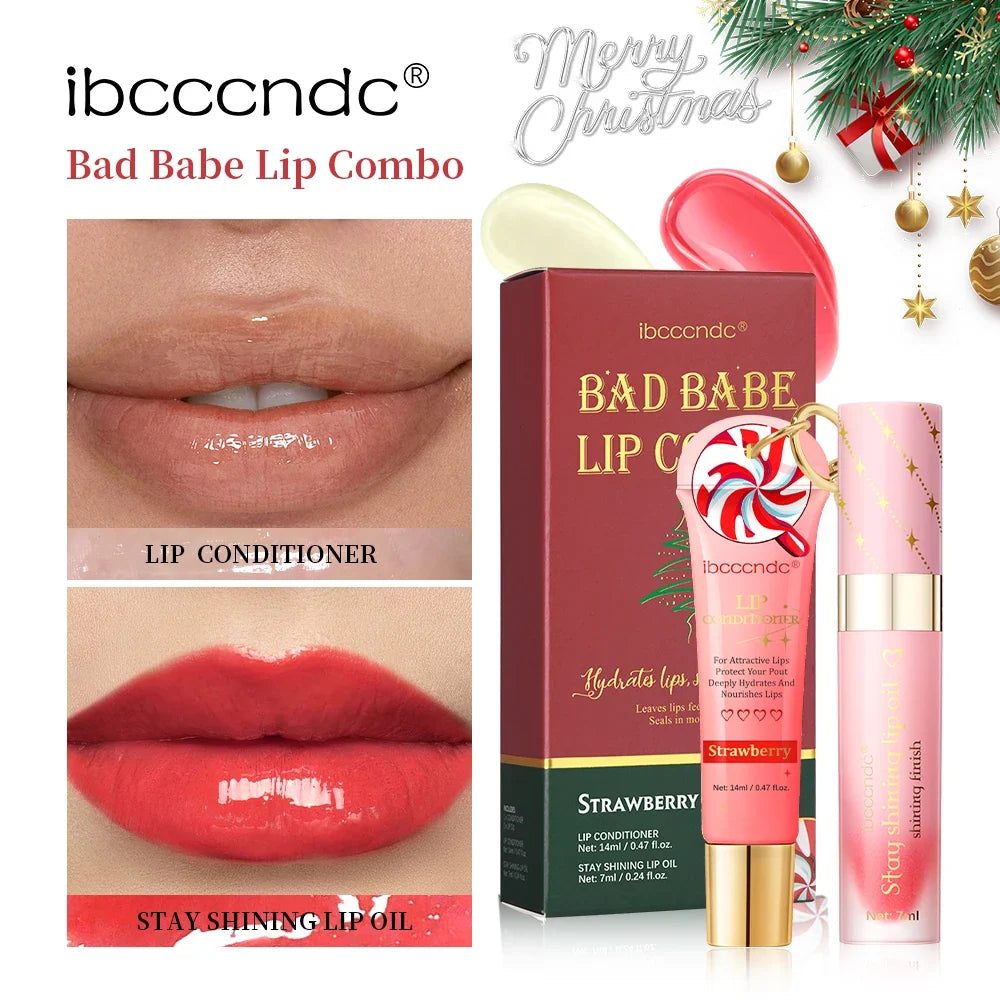 Blushimmer lip oil and gloss set with clear, moisturizing, long-lasting lip gel on lips, showcasing glossy, hydrated, and smooth skin.