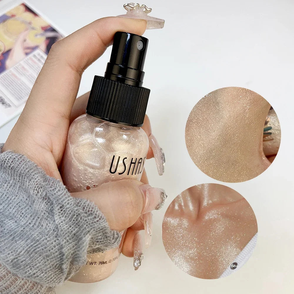 Blushimmer liquid bronzer highlighter setting spray with illuminating shimmer for glowing, contoured, and brightened makeup look.