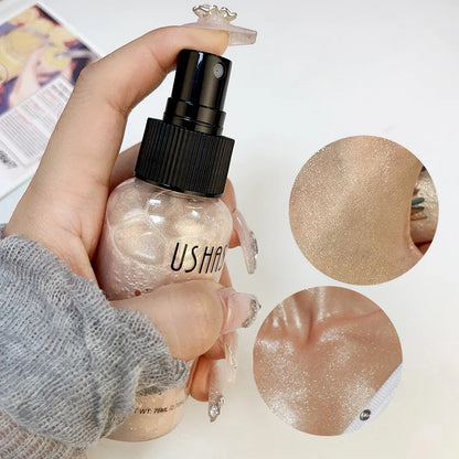 Blushimmer liquid bronzer highlighter setting spray with illuminating shimmer for glowing, contoured, and brightened makeup look.