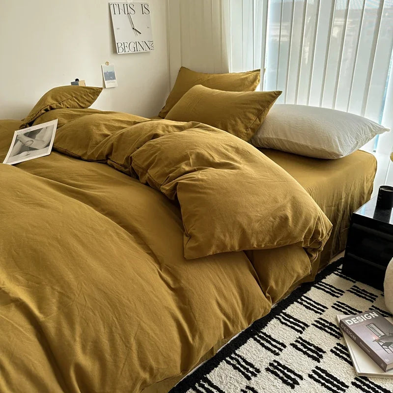 Bed Linen Solid Cotton Bedding Set with Sheet Duvet Cover Pillowcases Single Couple Bedsheet King Queen Double Twin Size