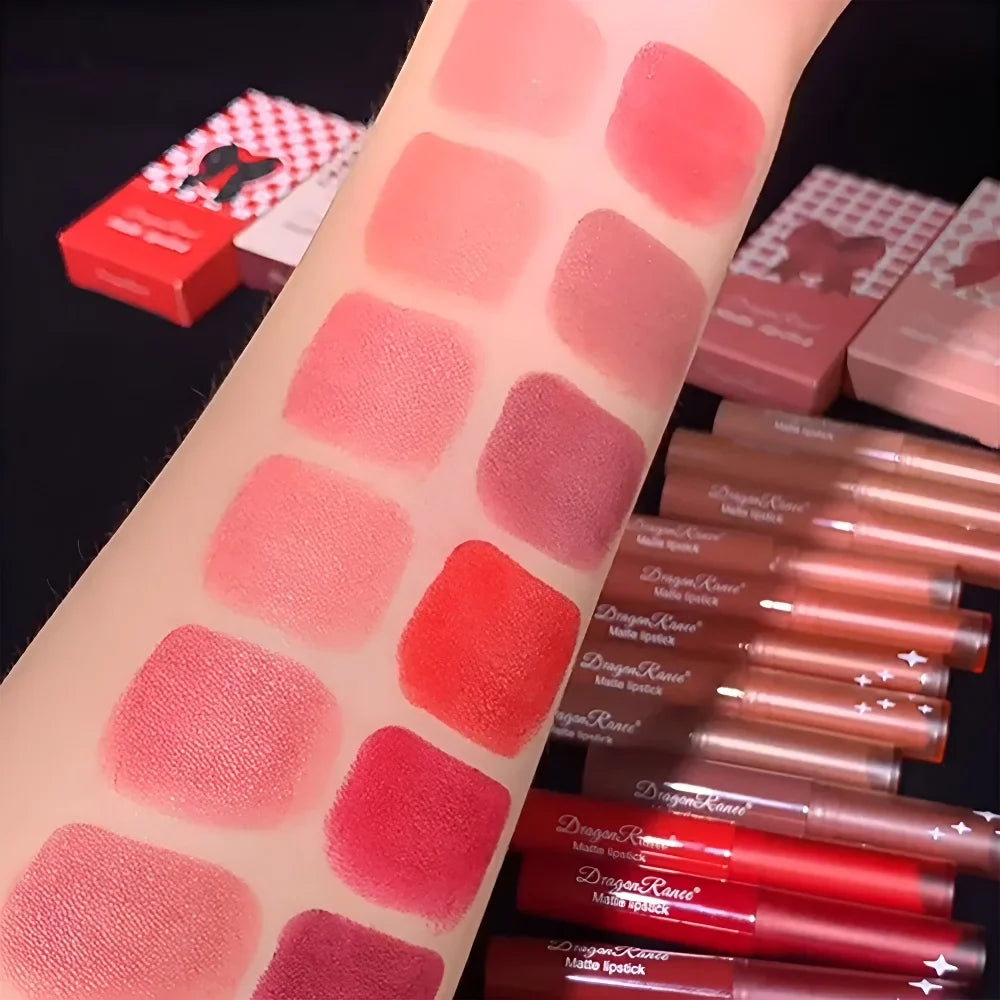 Blushimmer nude matte waterproof lipstick in sexy red velvet shade, long-lasting lip makeup for women with a smooth, fade-resistant finish.