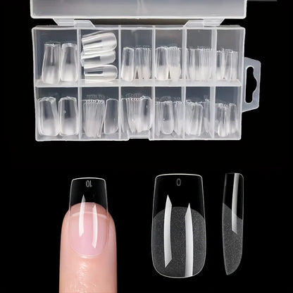 Blushimmer 120-piece full cover press-on nail tips in stiletto, almond, square, and coffin shapes for gel nail extensions.