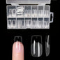 Blushimmer 120-piece full cover press-on nail tips in stiletto, almond, square, and coffin shapes for gel nail extensions.