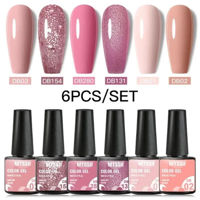 Pink glitter gel nail polish set with sequins, base and matte top coat from Blushimmer for UV and LED nail art.