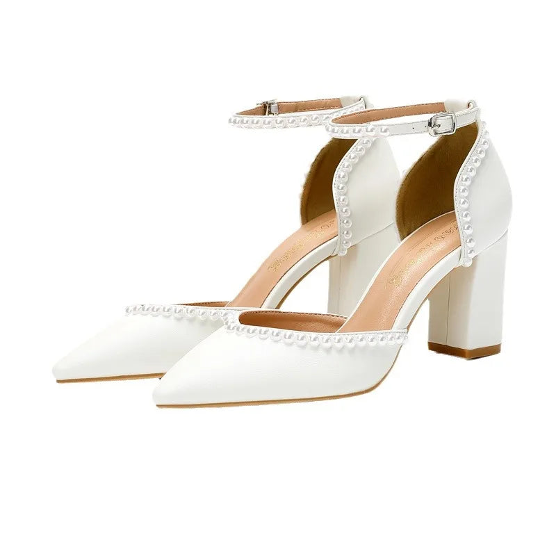 Elegant White Bridal Sandals Pointed Toe High Heels Hollow Out Pearl Embellished Wedding Shoes