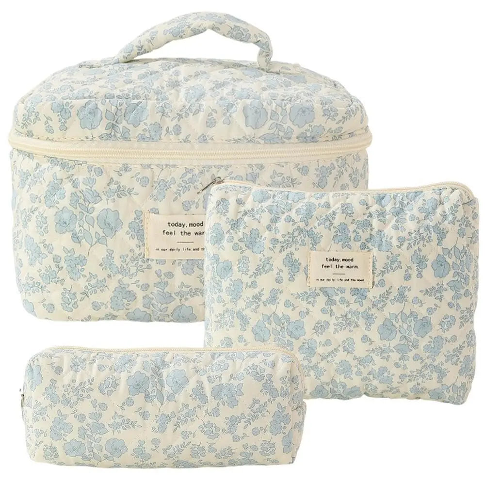 Cute quilted cotton makeup bag by Blushimmer with zipper, portable cloth cosmetic organizer, box shape for women and girls.