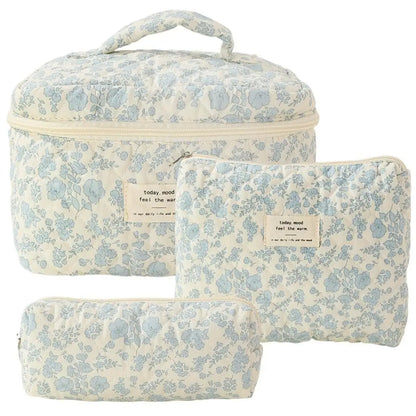 Cute quilted cotton makeup bag by Blushimmer with zipper, portable cloth cosmetic organizer, box shape for women and girls.