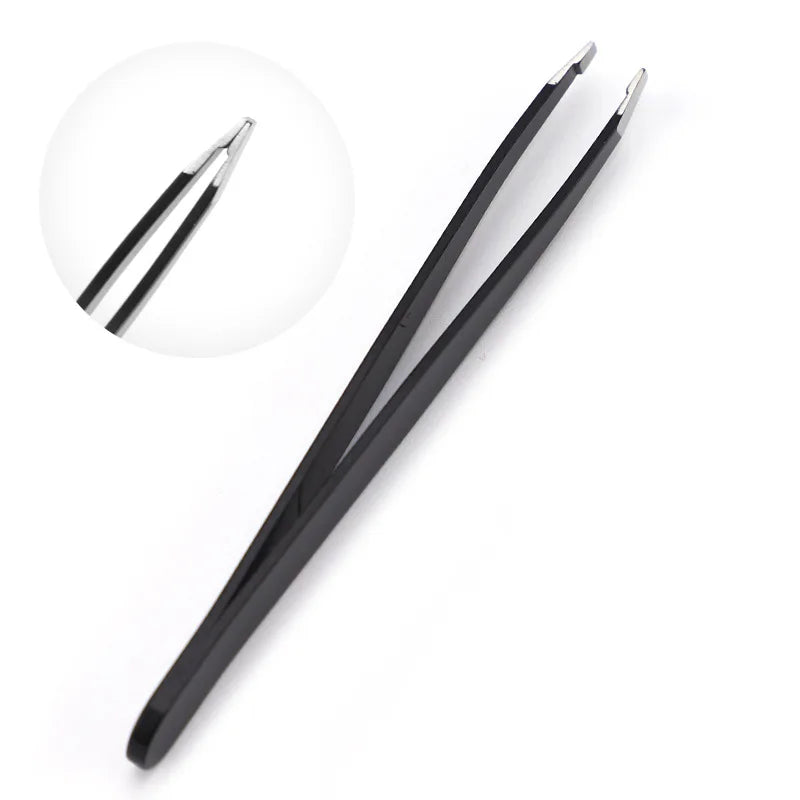 Blushimmer stainless steel precision tweezers with slanted tip for grooming eyebrows and removing hair, close-up of tweezers on a white background.