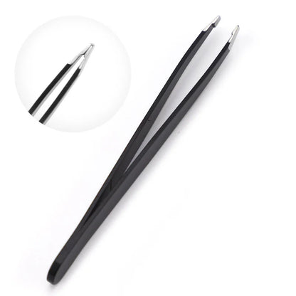 Blushimmer stainless steel precision tweezers with slanted tip for grooming eyebrows and removing hair, close-up of tweezers on a white background.
