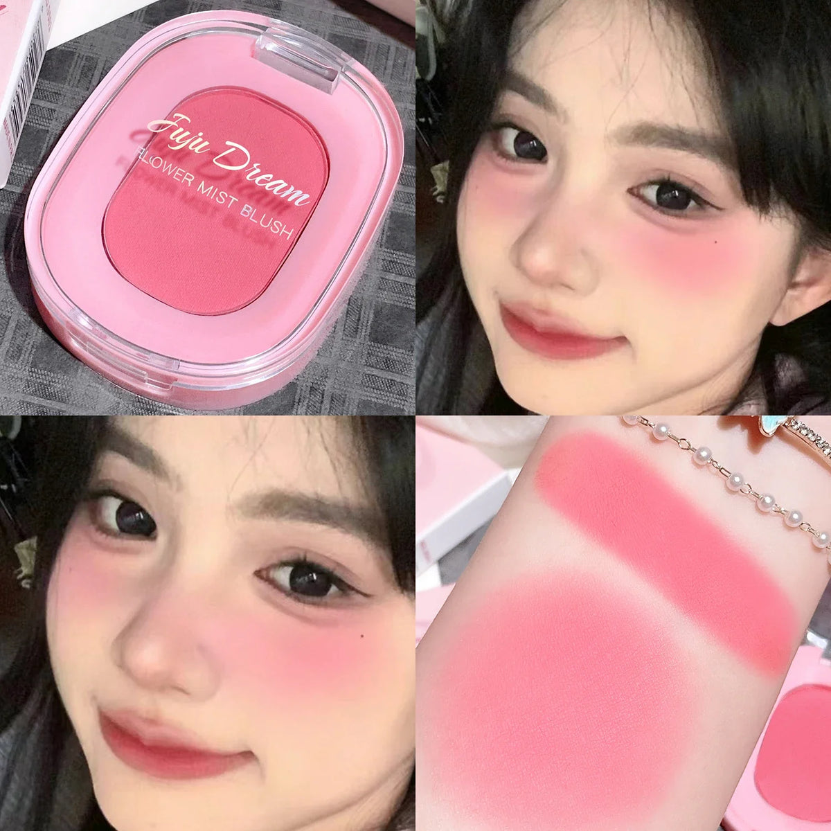Blushimmer monochrome flower mist blush powder with fine matte finish in natural pink nude shade, brightening and enhancing cheeks.