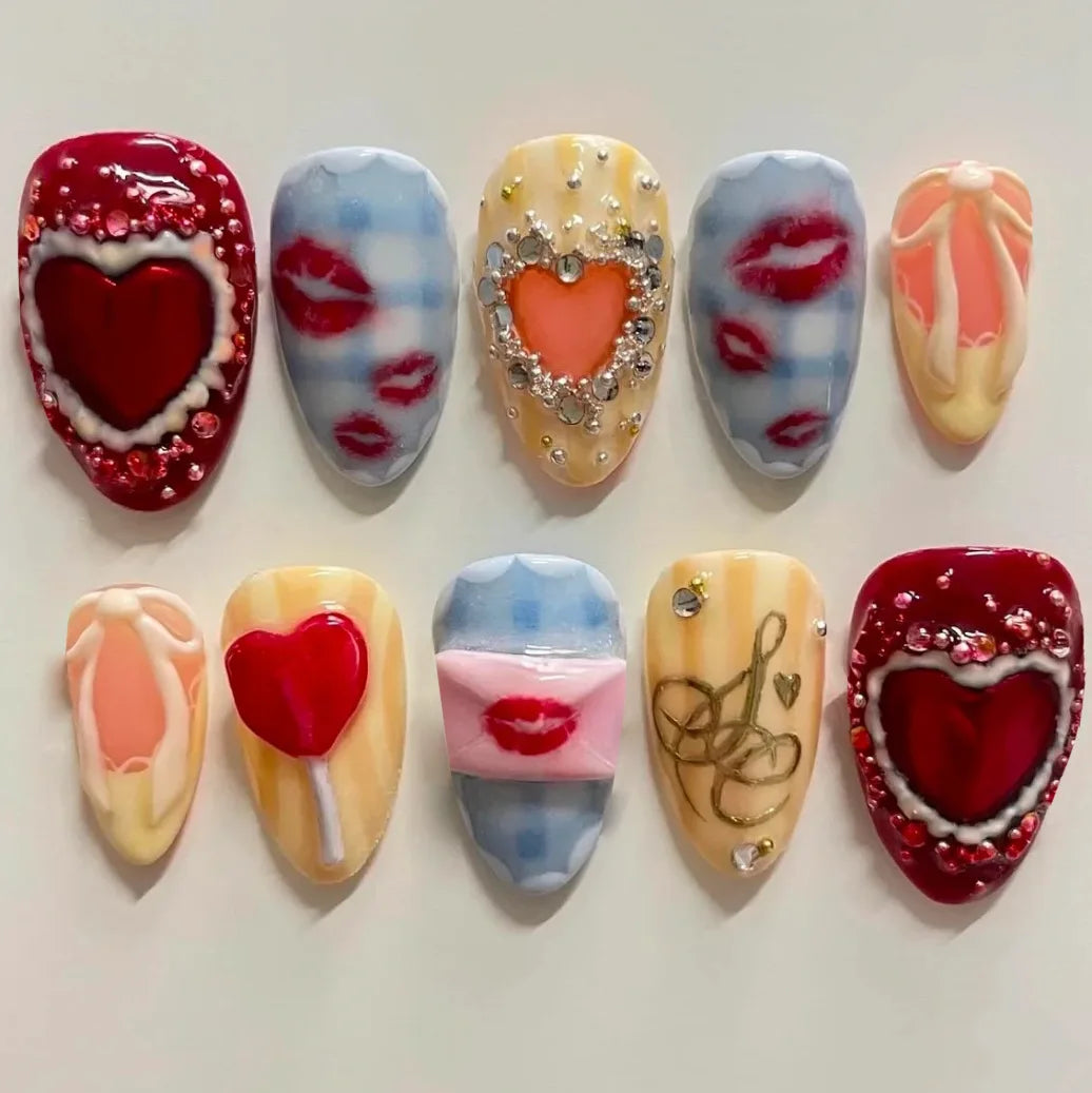 Blushimmer 24-piece wine red almond press-on nails with cartoon rabbit, bowknot, plaid, pearl designs, French style for girls
