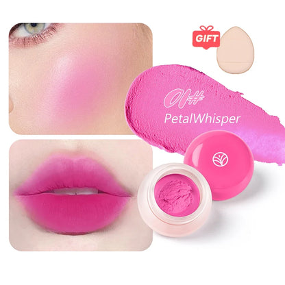 Blushimmer 6-color mousse texture powder blusher with matte velvet finish, includes finger puff for easy application, in a delicate cream formula.