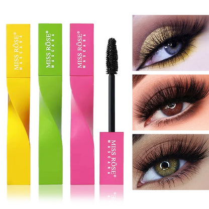 Miss Rose 5D Extreme Volume Waterproof Mascara showing curled, volumized lashes with a sleek black brush applicator.