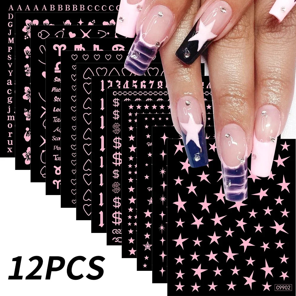 12pcs Blushimmer laser star nail stickers with 3D alphabet, heart, flower designs for DIY gradient manicures and Y2K nail art.