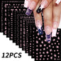 12pcs Blushimmer laser star nail stickers with 3D alphabet, heart, flower designs for DIY gradient manicures and Y2K nail art.
