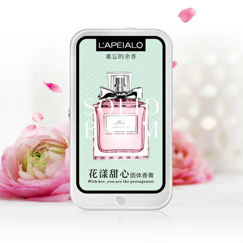Woman body pheromone perfume solid balm by Blushimmer, featuring a long-lasting, light fragrance in a portable solid perfume container.